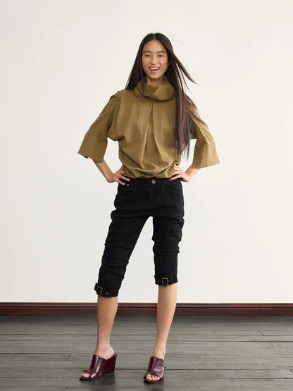 Asymmetric Pleated Linen Blend Shirt with Adjustable Neckline