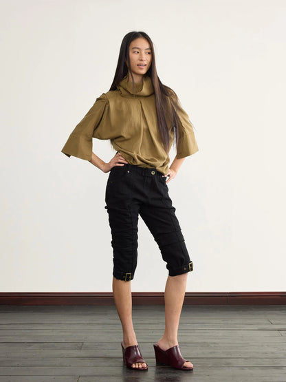 Asymmetric Pleated Linen Blend Shirt with Adjustable Neckline