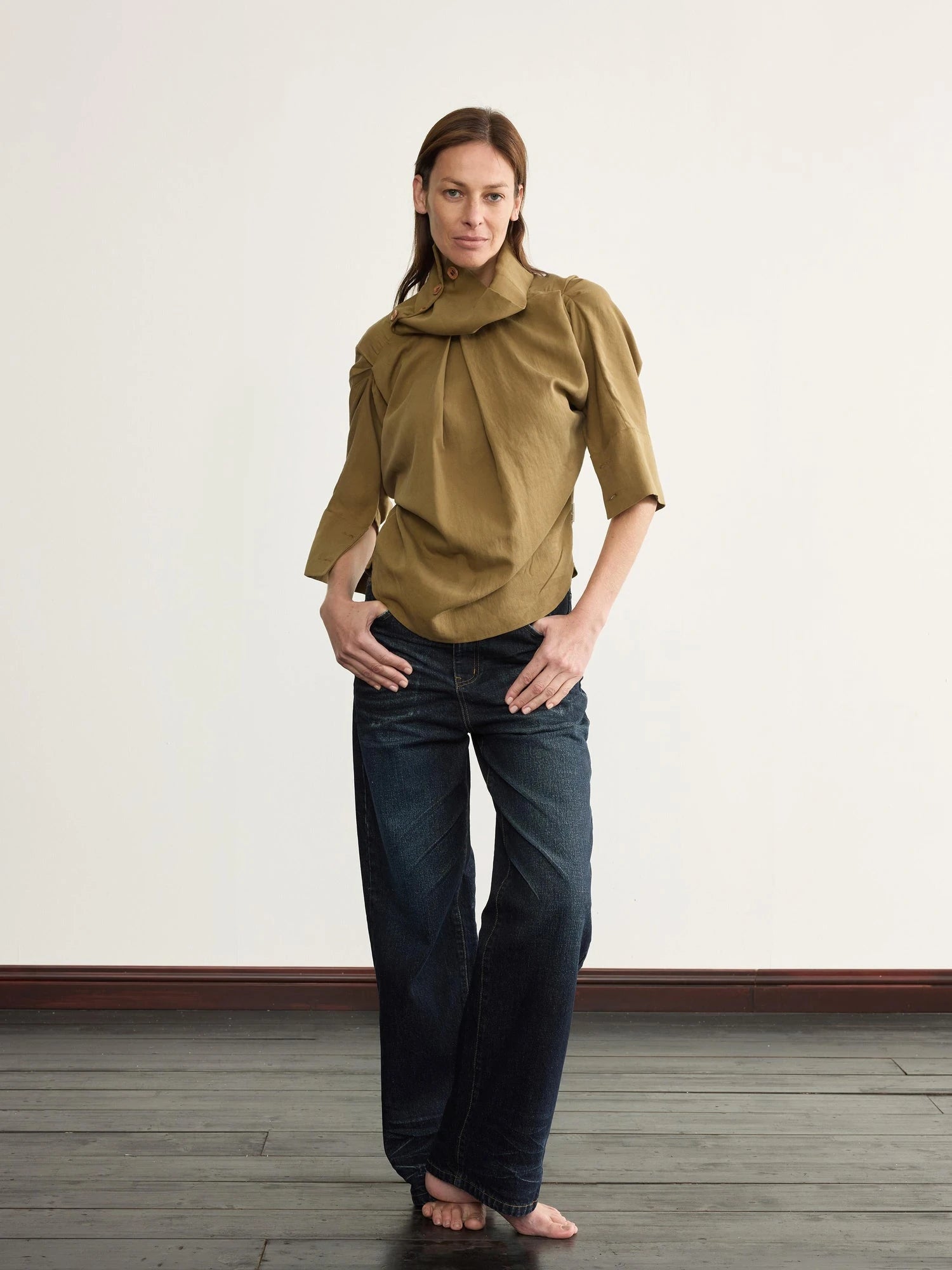 Asymmetric Pleated Linen Blend Shirt with Adjustable Neckline