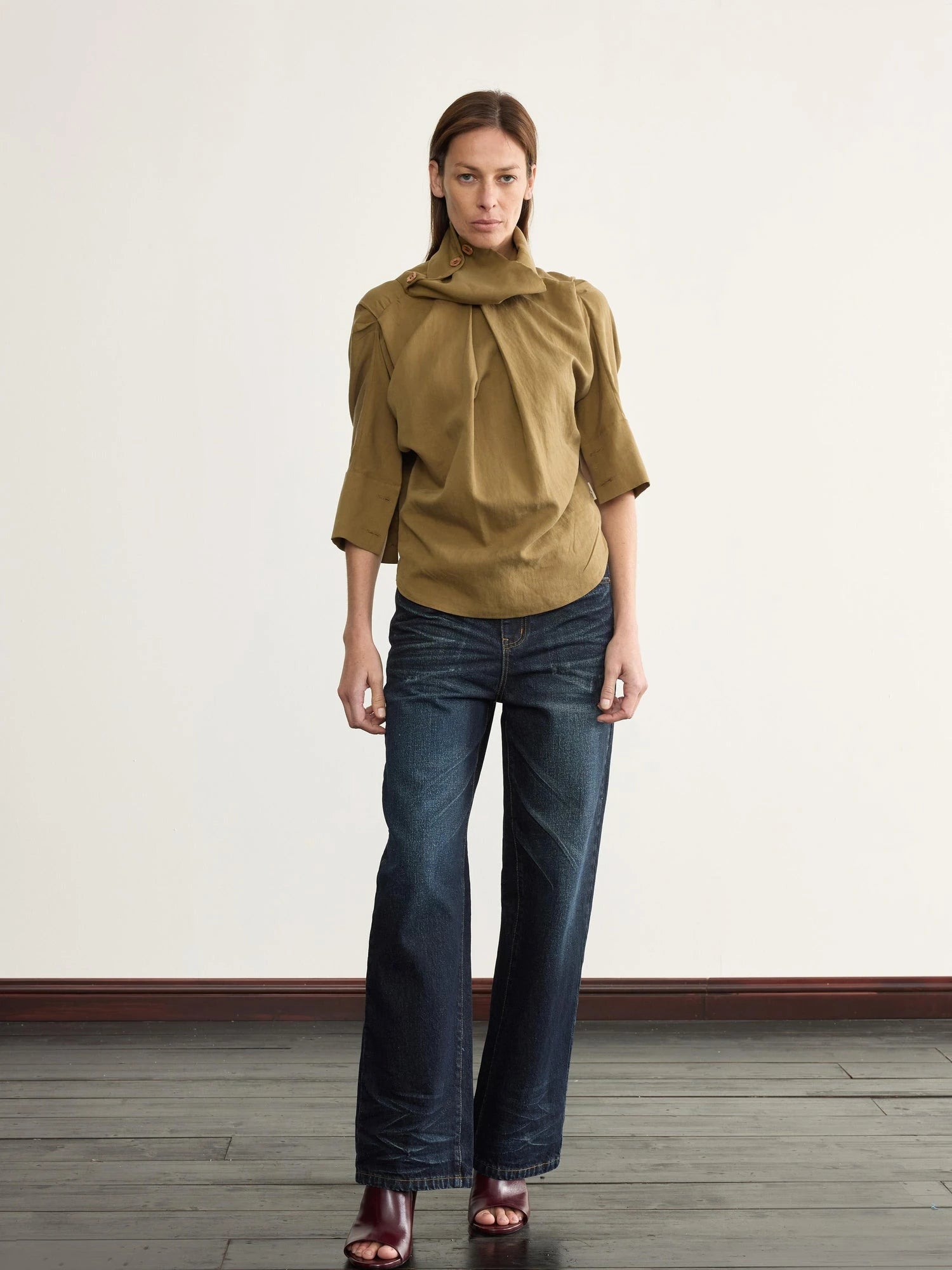 Asymmetric Pleated Linen Blend Shirt with Adjustable Neckline