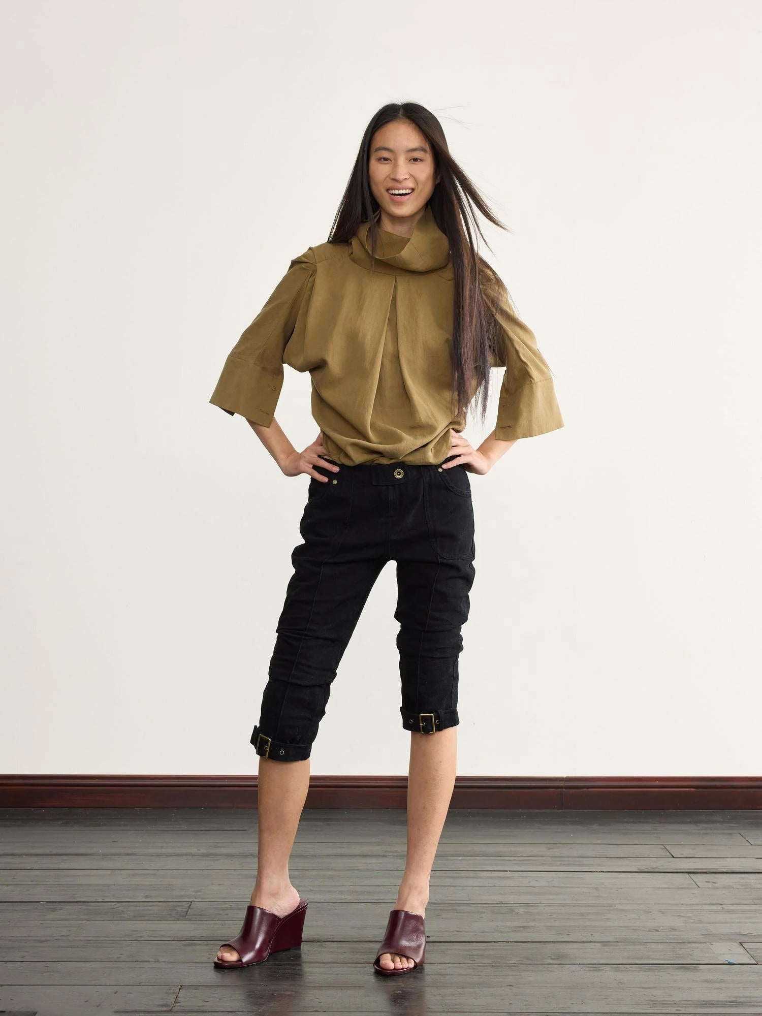 Asymmetric Pleated Linen Blend Shirt with Adjustable Neckline