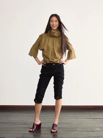 Asymmetric Pleated Linen Blend Shirt with Adjustable Neckline