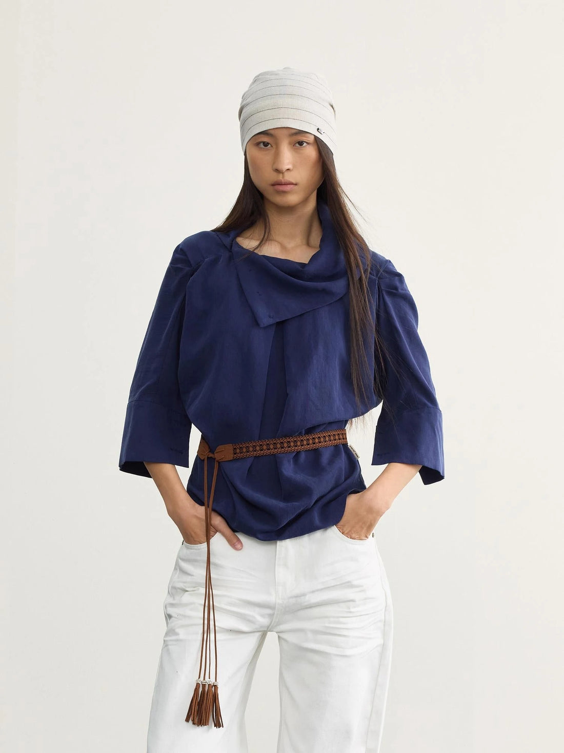 Asymmetric Pleated Linen Blend Shirt with Adjustable Neckline