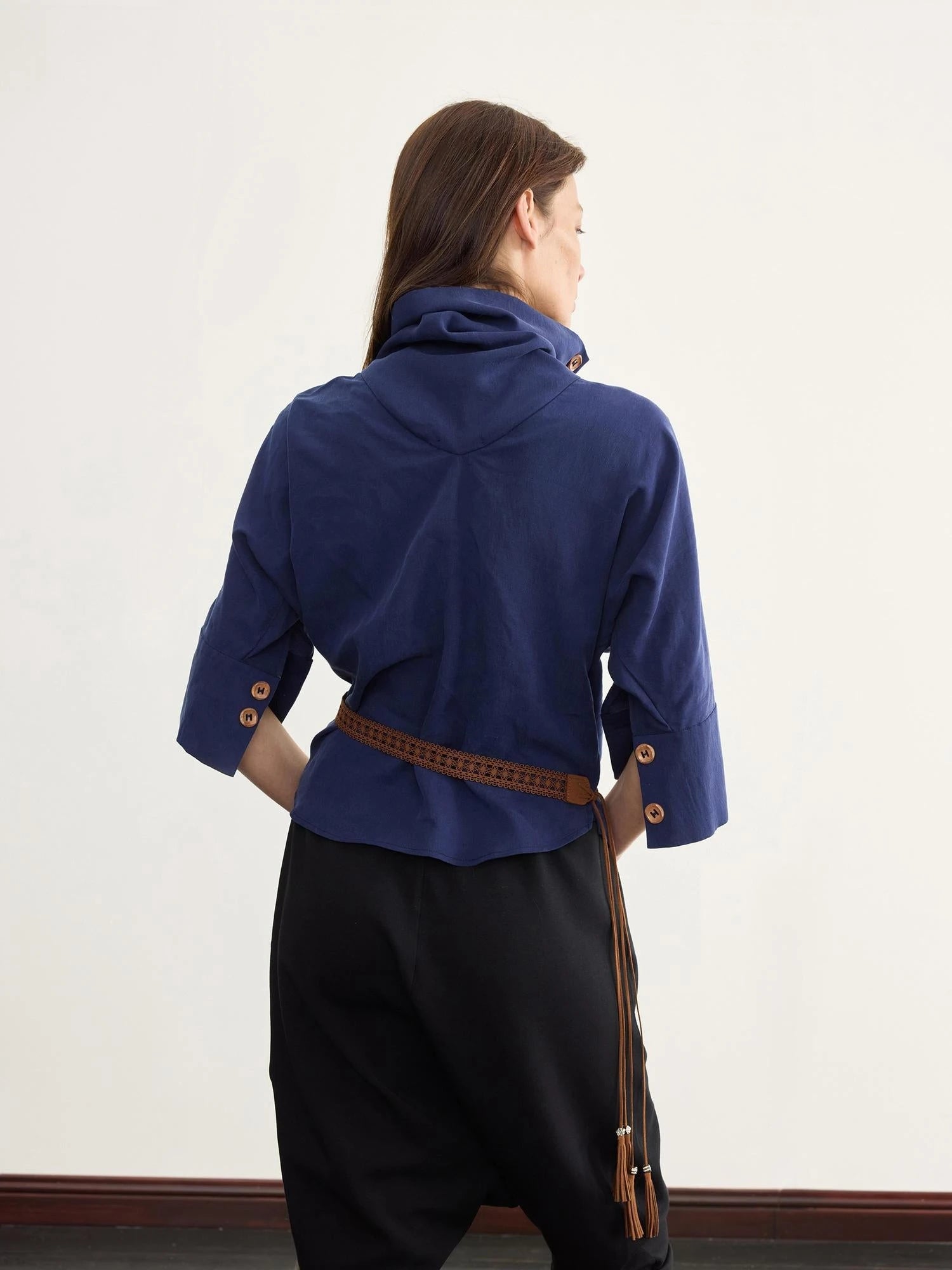 Asymmetric Pleated Linen Blend Shirt with Adjustable Neckline