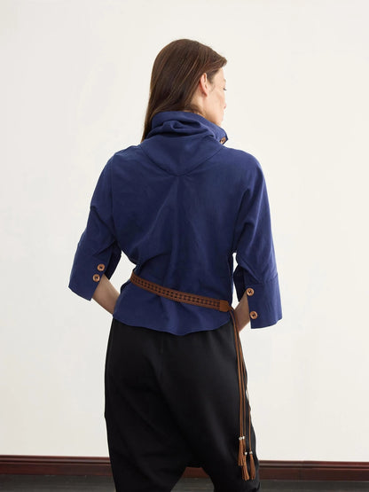 Asymmetric Pleated Linen Blend Shirt with Adjustable Neckline