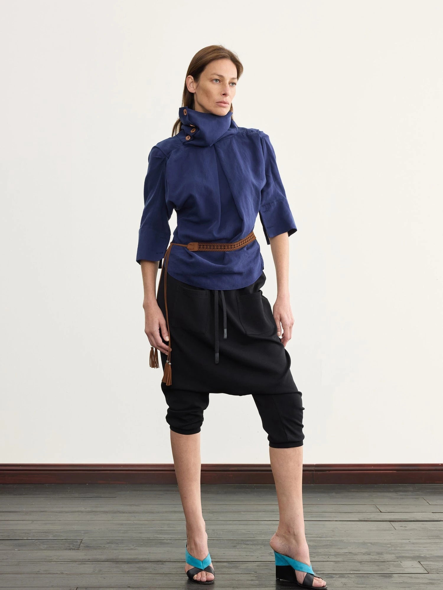 Asymmetric Pleated Linen Blend Shirt with Adjustable Neckline