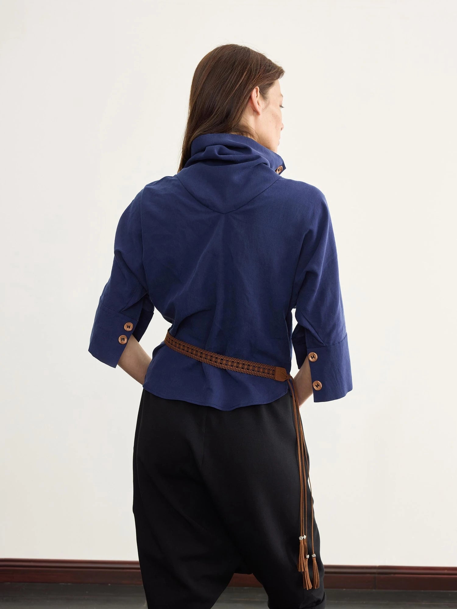 Asymmetric Pleated Linen Blend Shirt with Adjustable Neckline
