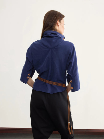 Asymmetric Pleated Linen Blend Shirt with Adjustable Neckline