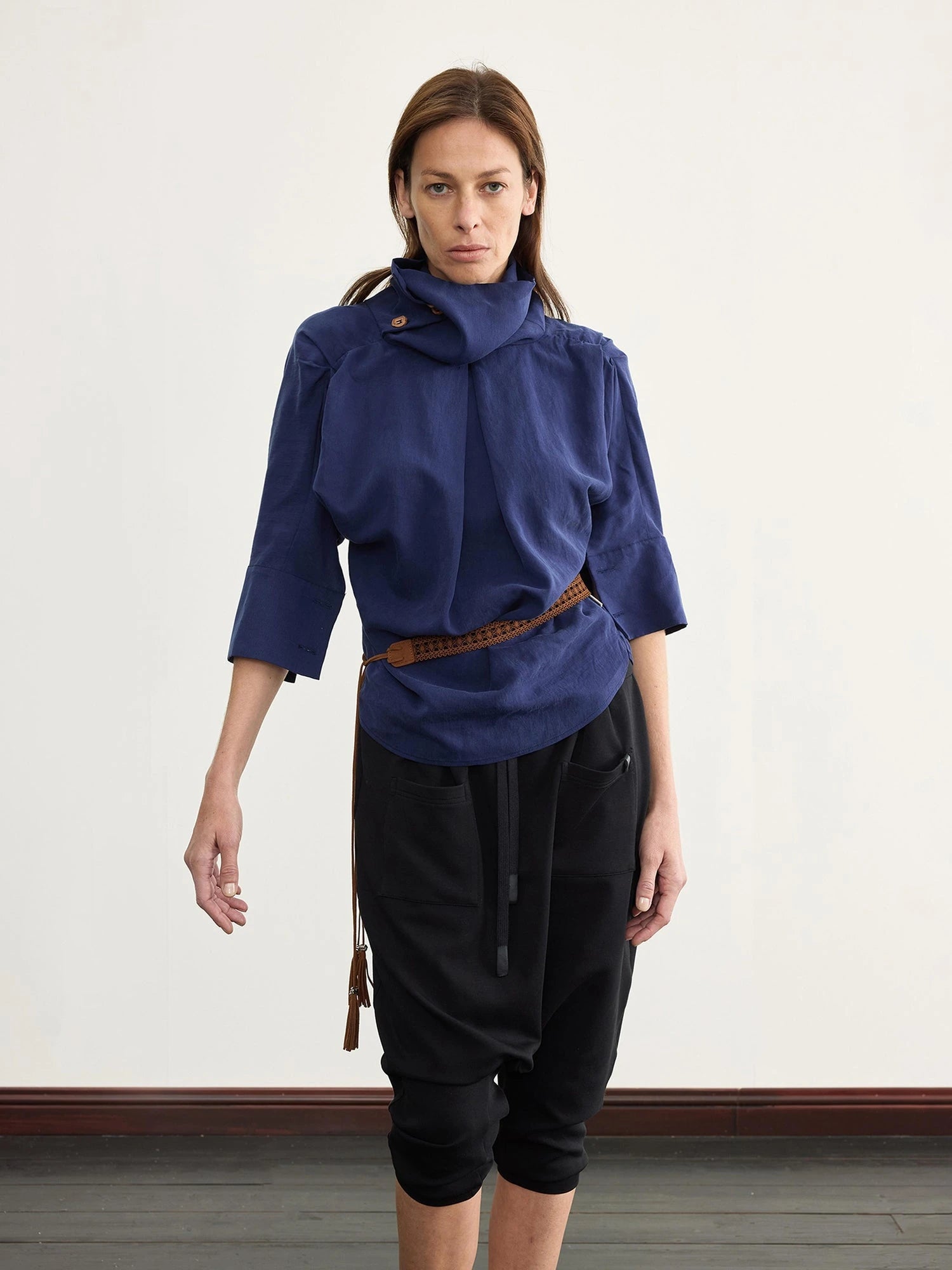 Asymmetric Pleated Linen Blend Shirt with Adjustable Neckline