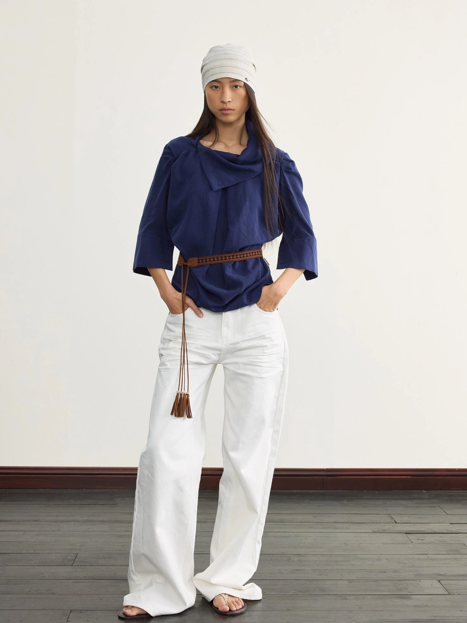 Asymmetric Pleated Linen Blend Shirt with Adjustable Neckline