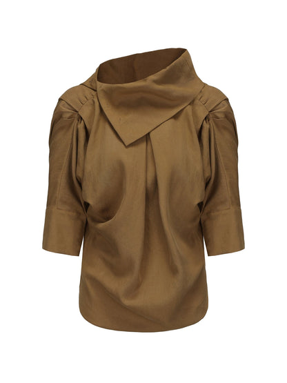Asymmetric Pleated Linen Blend Shirt with Adjustable Neckline