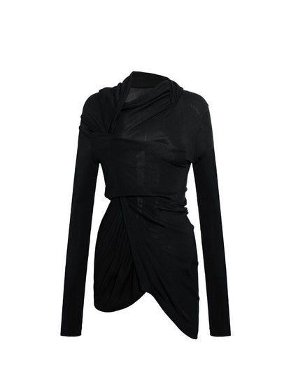 NyDkyel Asymmetric Pleated Tencel Merino Wool Blend Top V-neck T-shirt Long Sleeve Dress