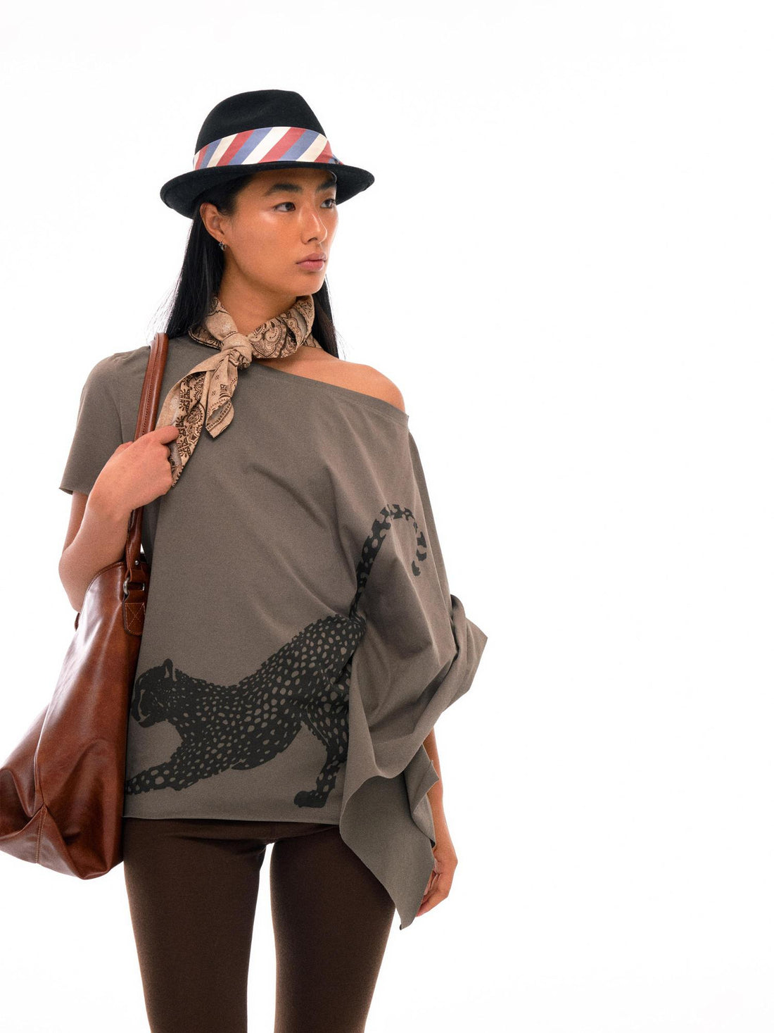 NyDkyel Asymmetric Slash Neck Tribal Leopard Print Tee