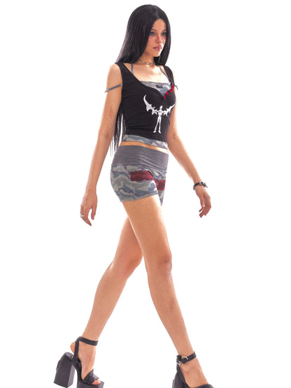 Belt Print Low Waist Shorts Set In Sorona Knit