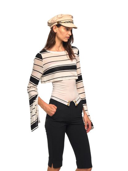 NyDkyel Black White Striped Roundneck Long Sleeve Loose Women&