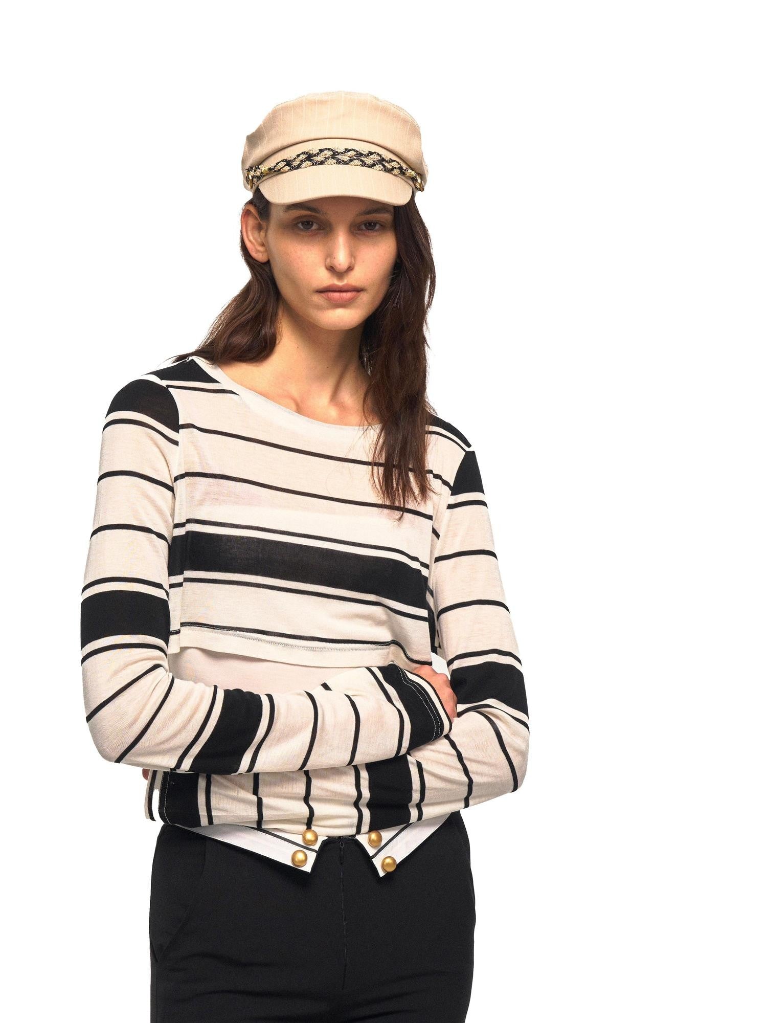 NyDkyel Black White Striped Roundneck Long Sleeve Loose Women&