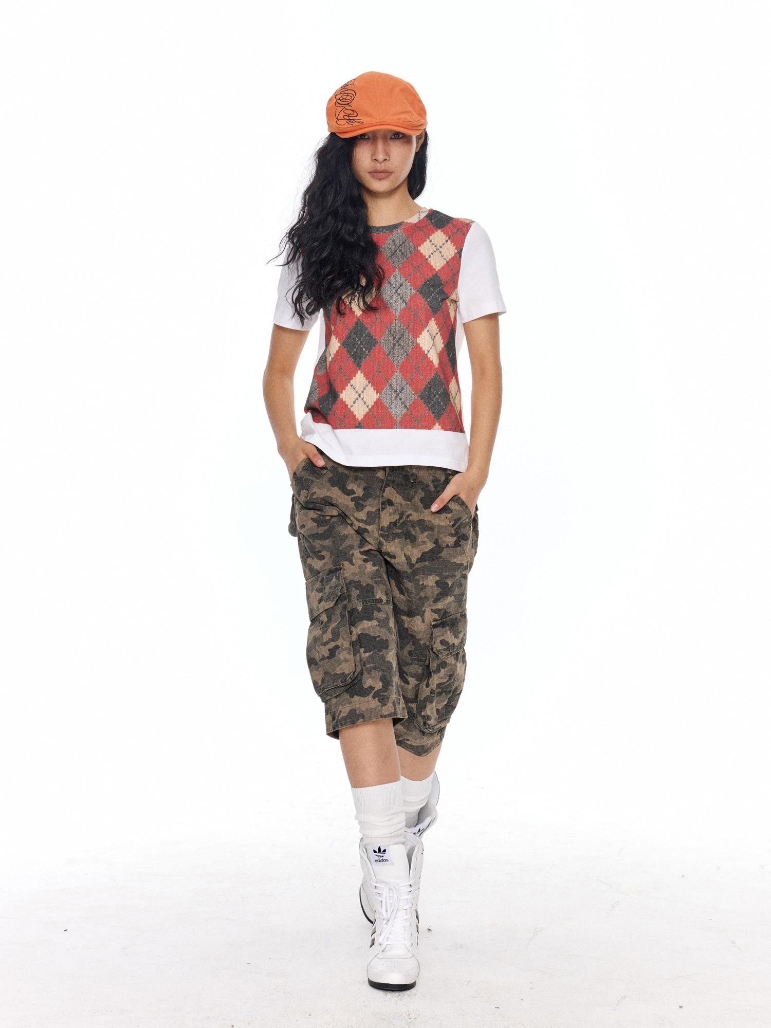 NyDkyel British Argyle Print Loose Fit Round Neck Women&