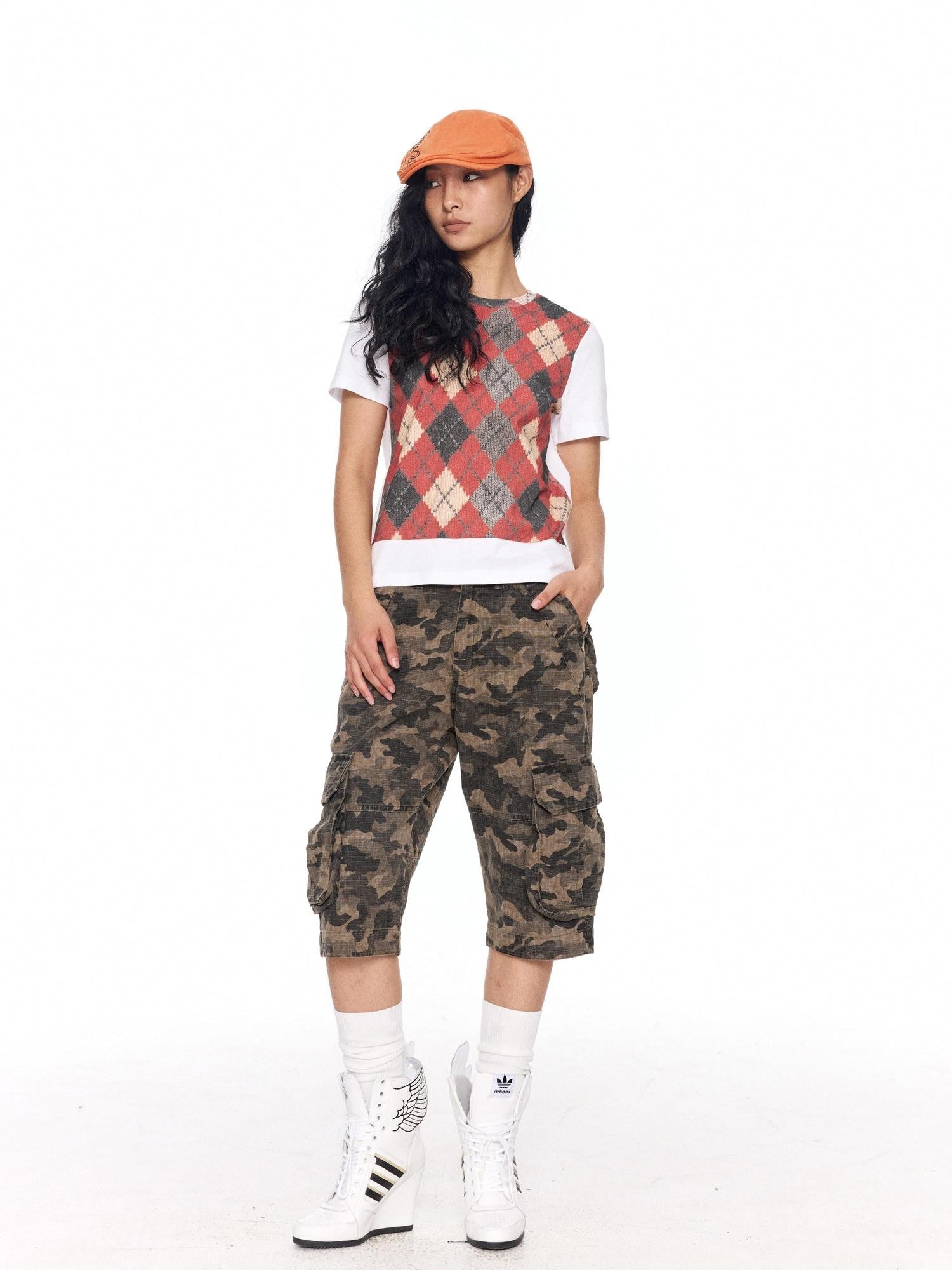 NyDkyel British Argyle Print Loose Fit Round Neck Women&