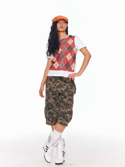 NyDkyel British Argyle Print Loose Fit Round Neck Women&