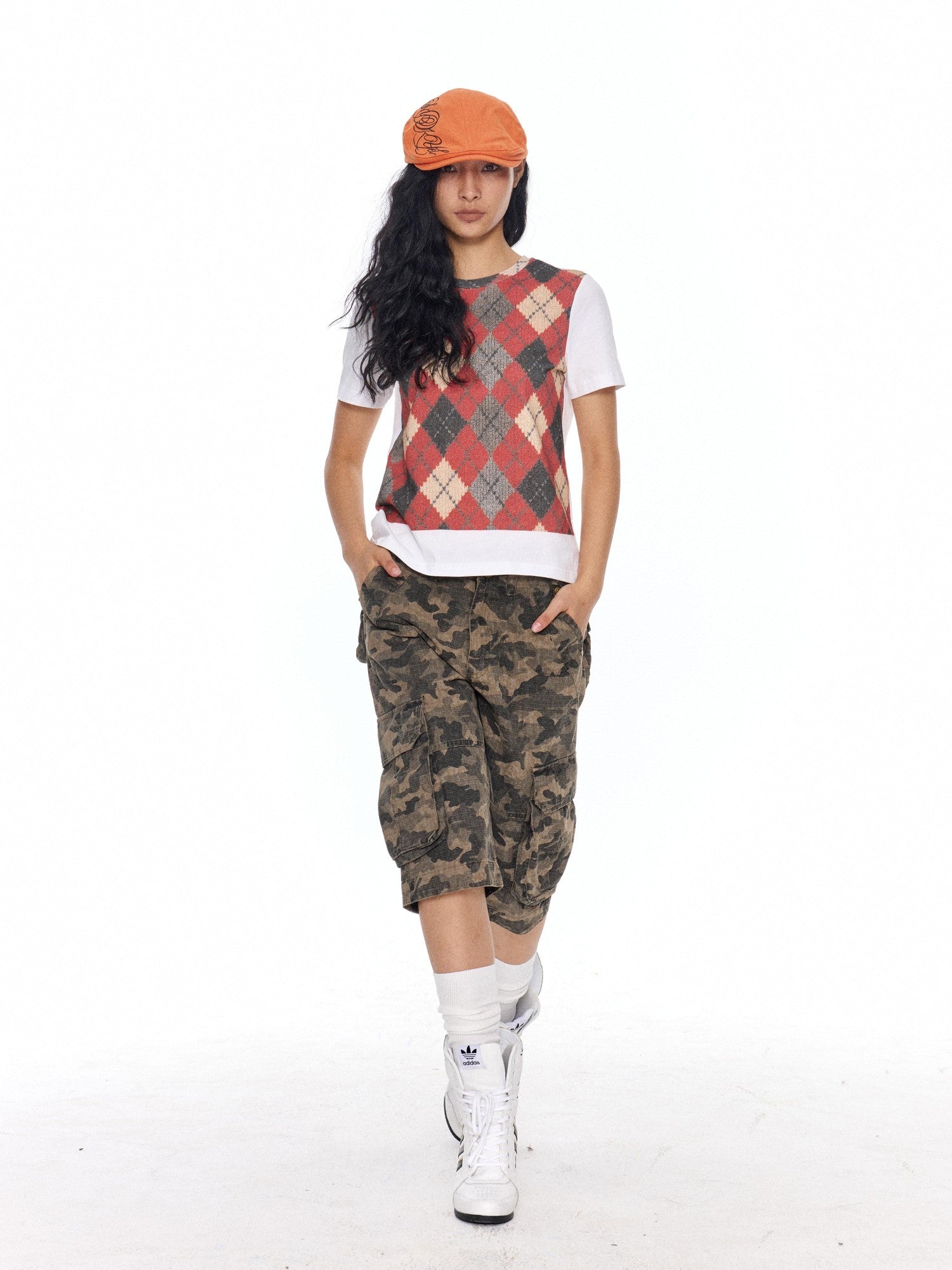 NyDkyel British Argyle Print Loose Fit Round Neck Women&