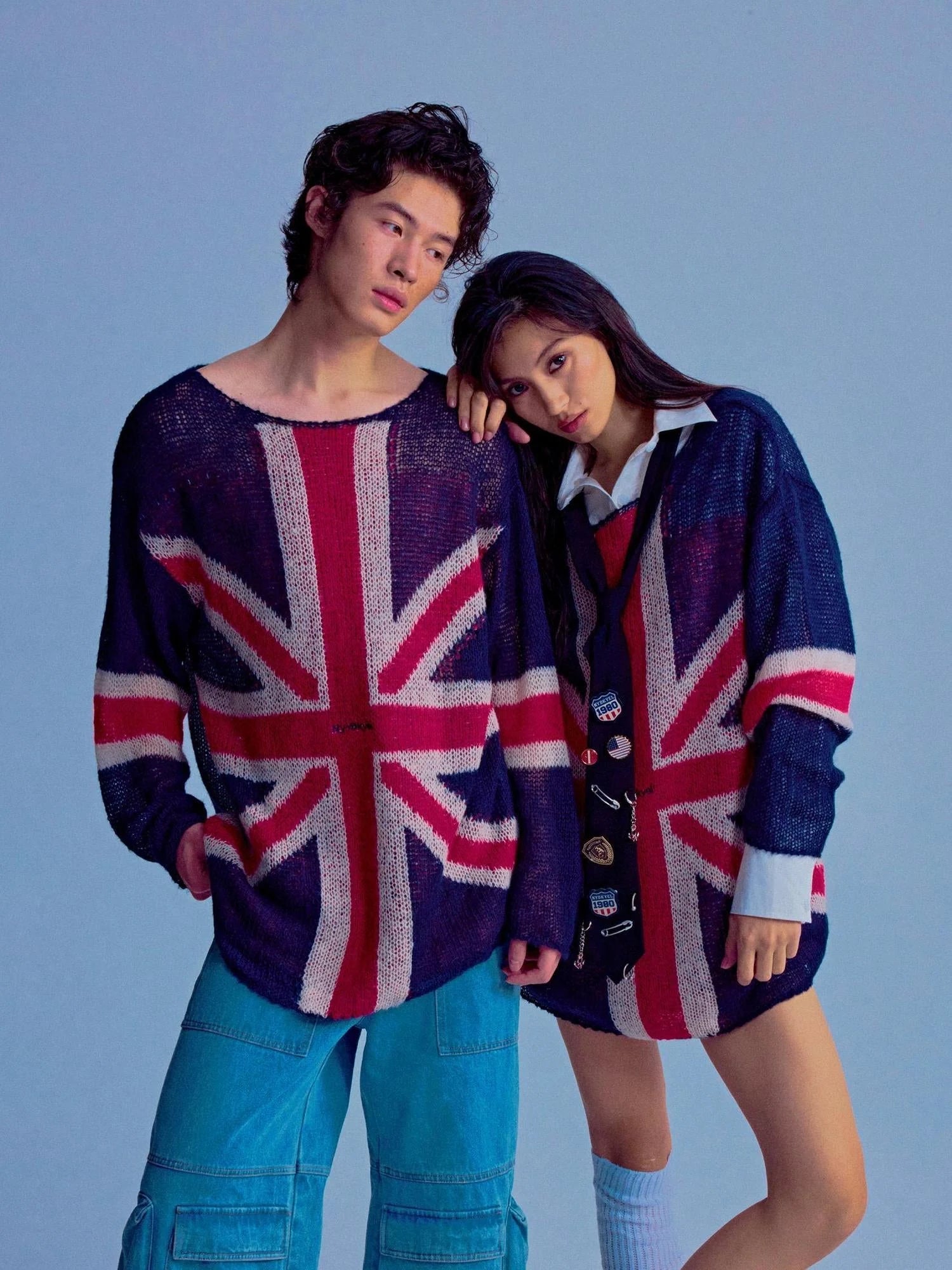 British Flag Embroidered Knit Sweater V-neck T-shirt Long Sleeve
