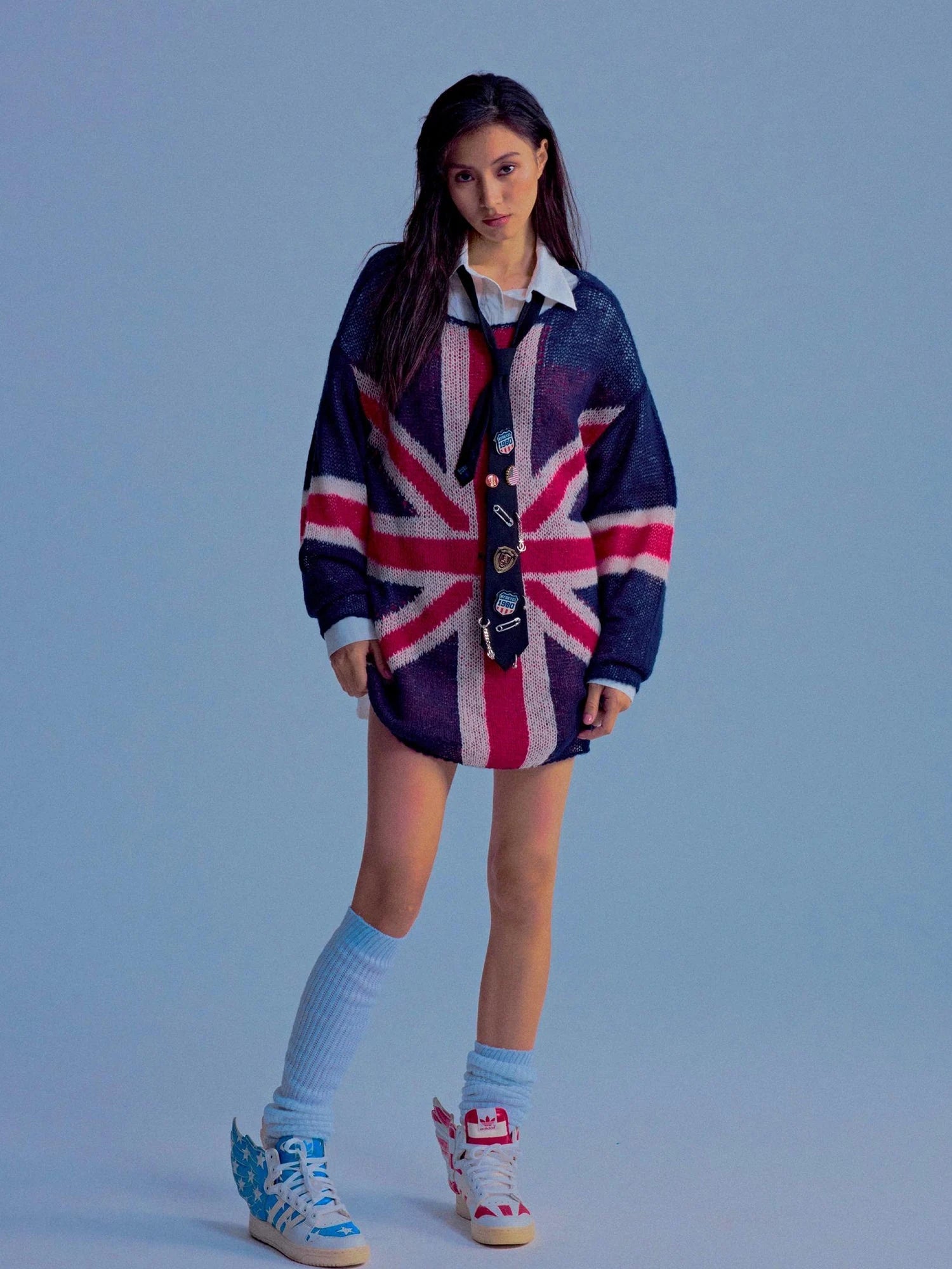 British Flag Embroidered Knit Sweater V-neck T-shirt Long Sleeve
