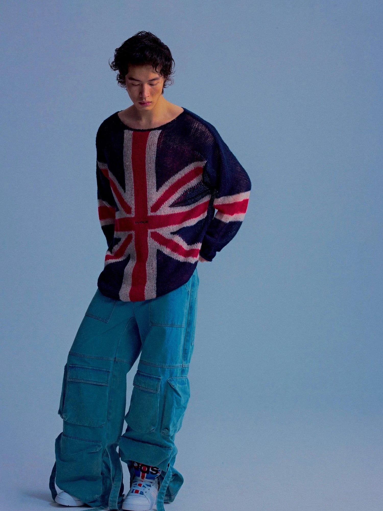 British Flag Embroidered Knit Sweater V-neck T-shirt Long Sleeve
