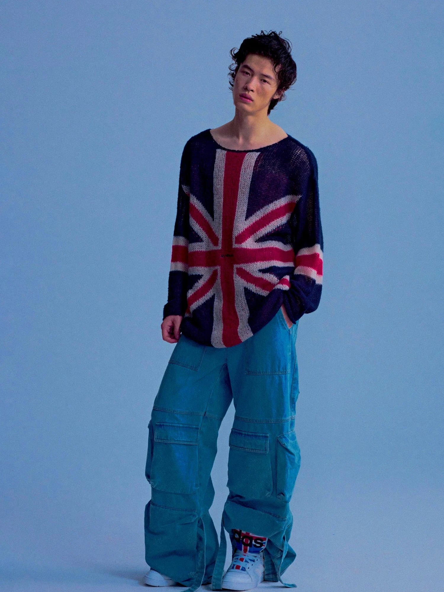 British Flag Embroidered Knit Sweater V-neck T-shirt Long Sleeve