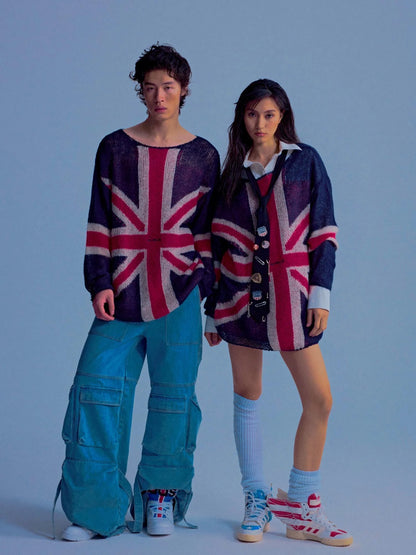 British Flag Embroidered Knit Sweater V-neck T-shirt Long Sleeve