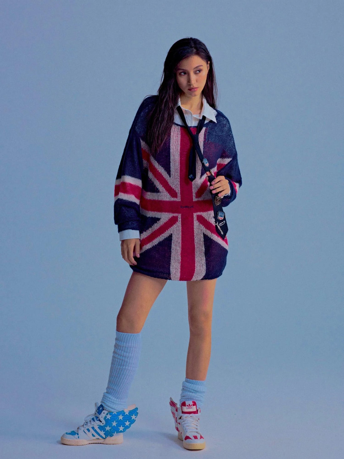 British Flag Embroidered Knit Sweater V-neck T-shirt Long Sleeve
