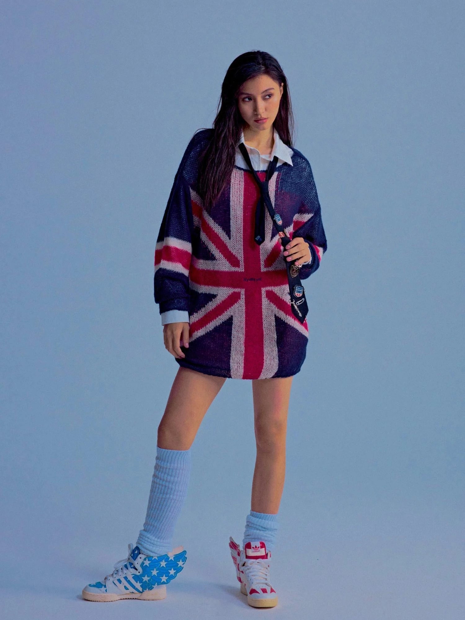 British Flag Embroidered Knit Sweater V-neck T-shirt Long Sleeve