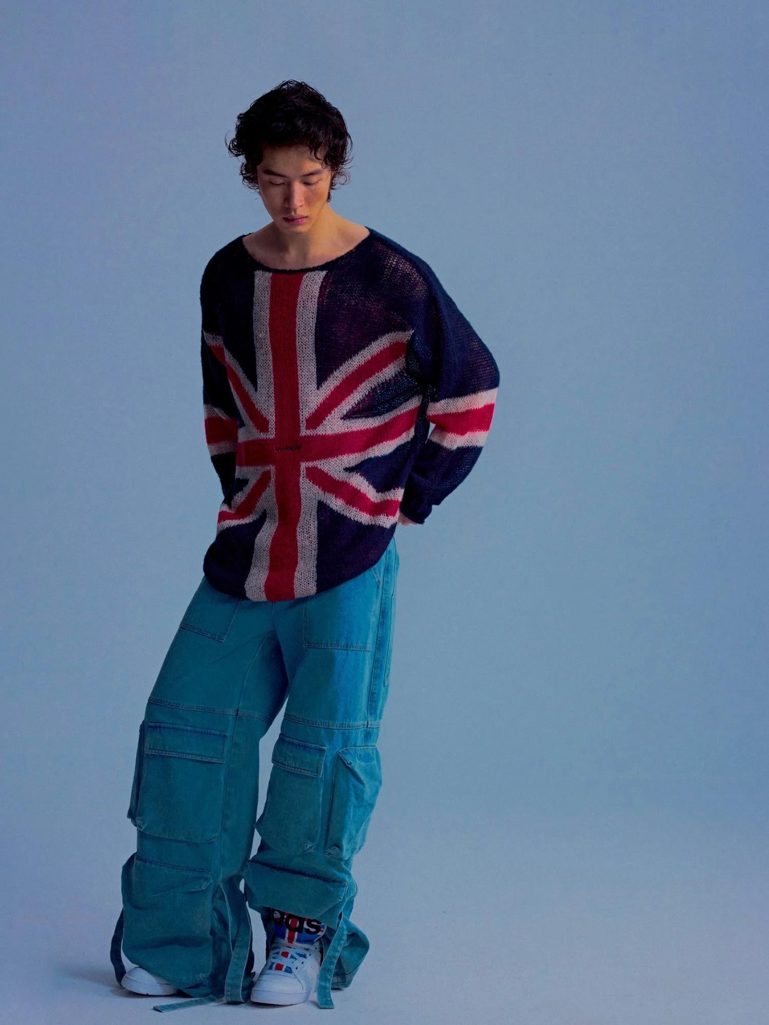 British Flag Embroidered Knit Sweater V-neck T-shirt Long Sleeve