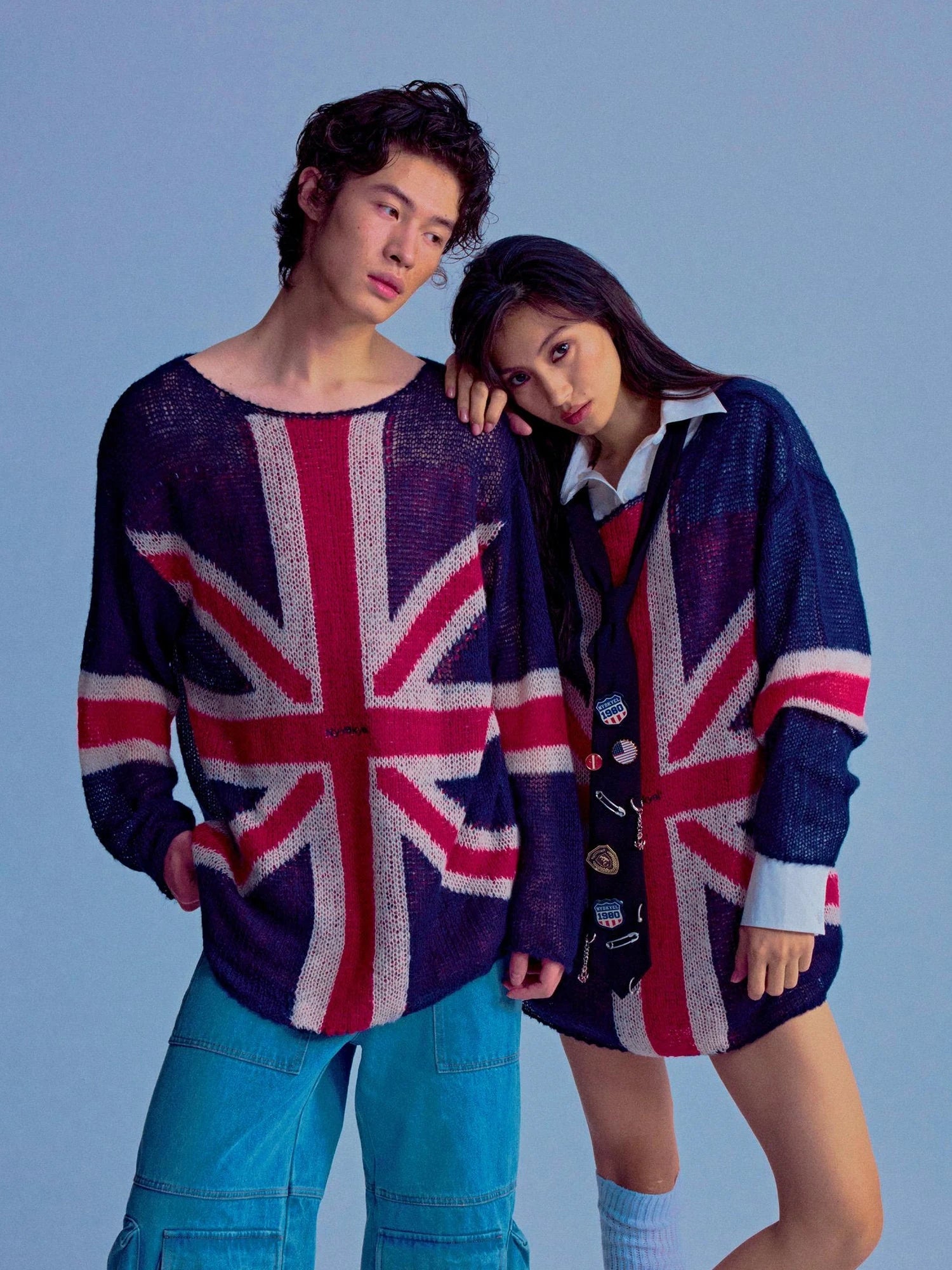 British Flag Embroidered Knit Sweater V-neck T-shirt Long Sleeve