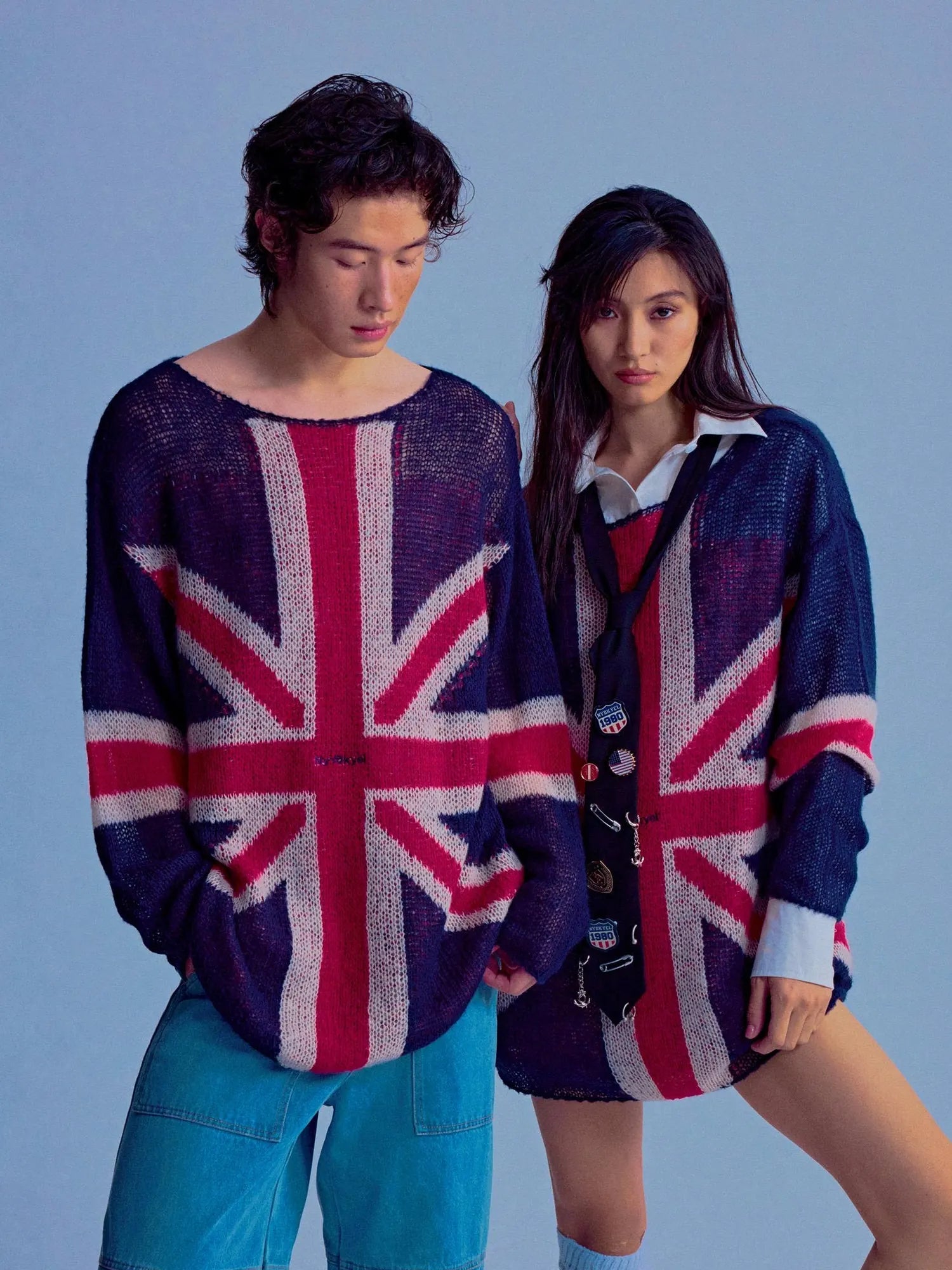 British Flag Embroidered Knit Sweater V-neck T-shirt Long Sleeve