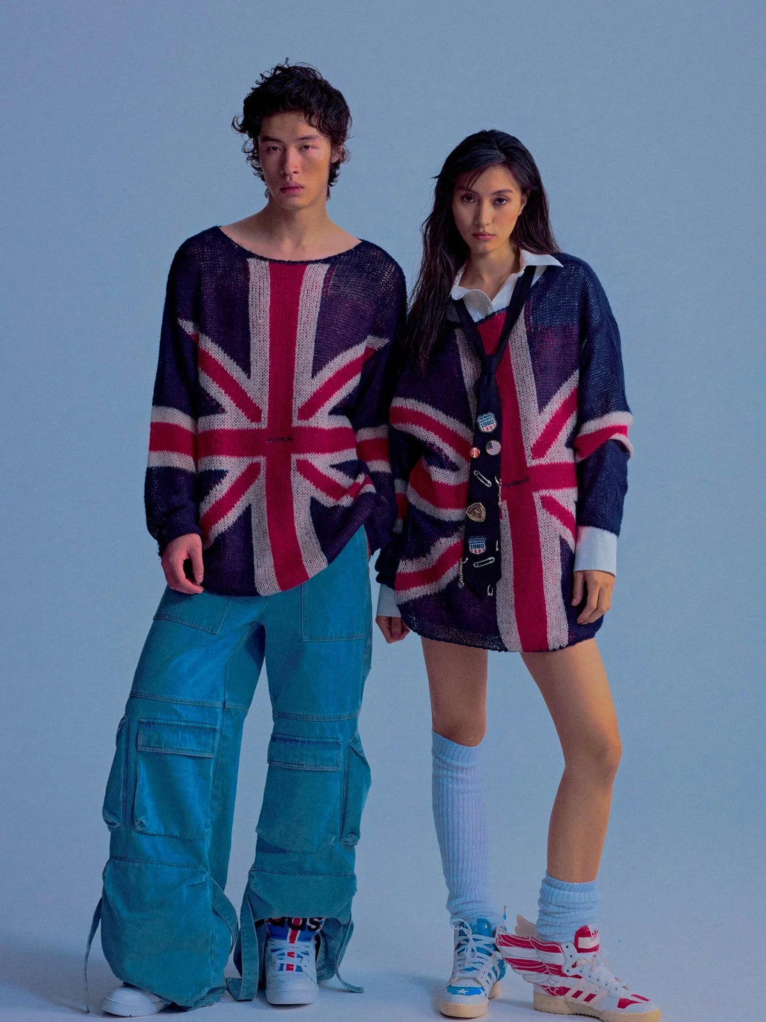 British Flag Embroidered Knit Sweater V-neck T-shirt Long Sleeve