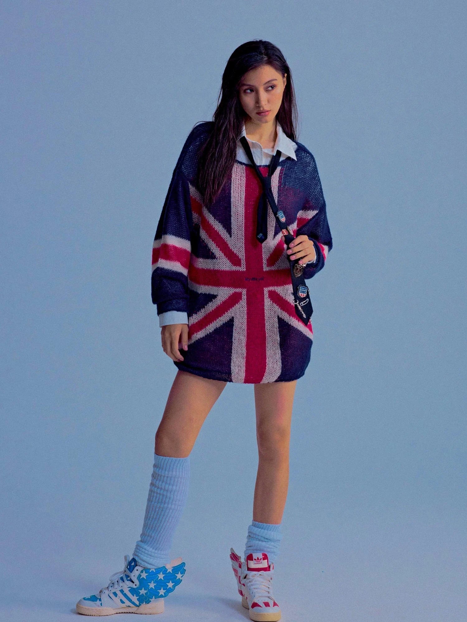 British Flag Embroidered Knit Sweater V-neck T-shirt Long Sleeve