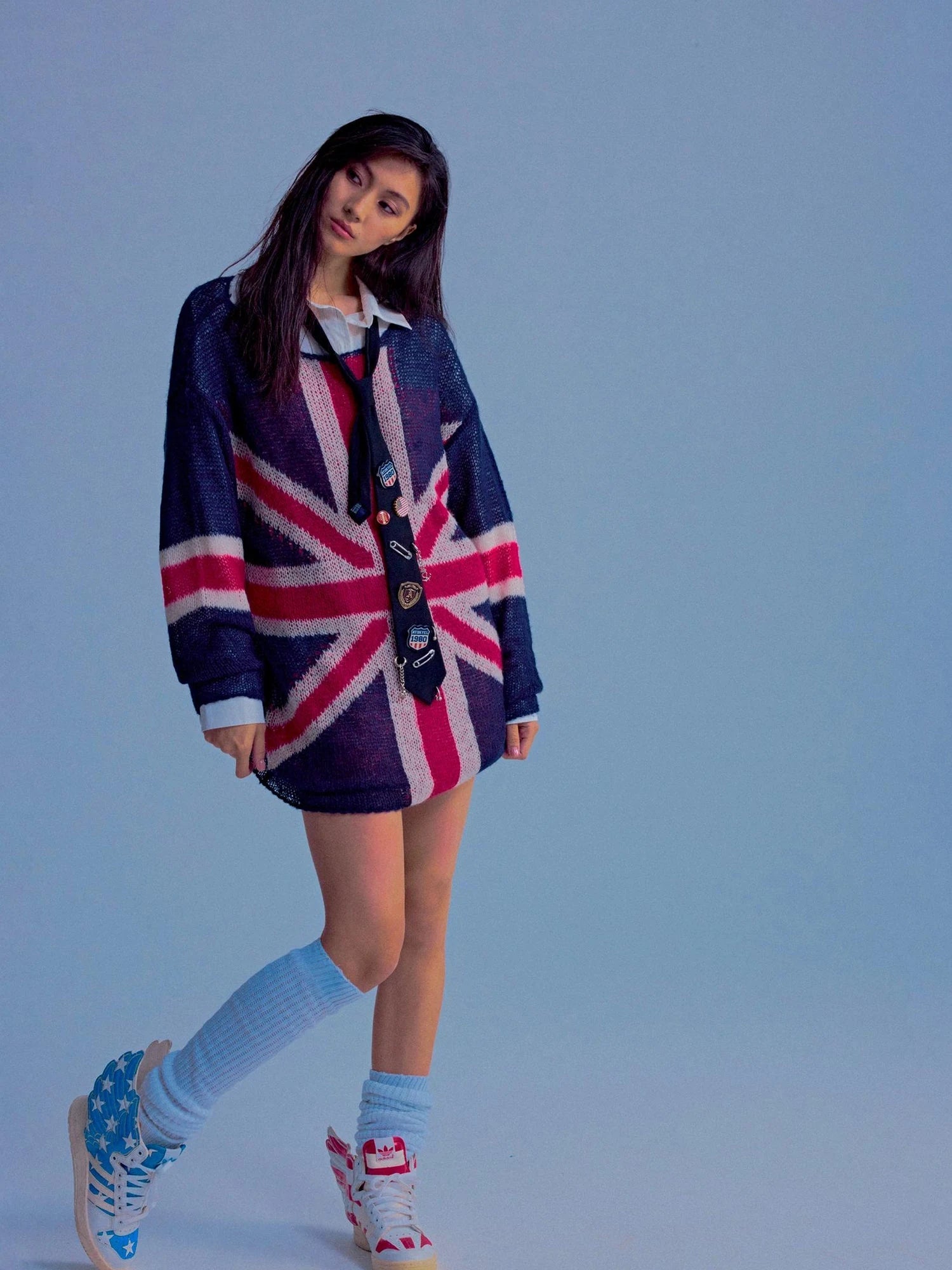 British Flag Embroidered Knit Sweater V-neck T-shirt Long Sleeve