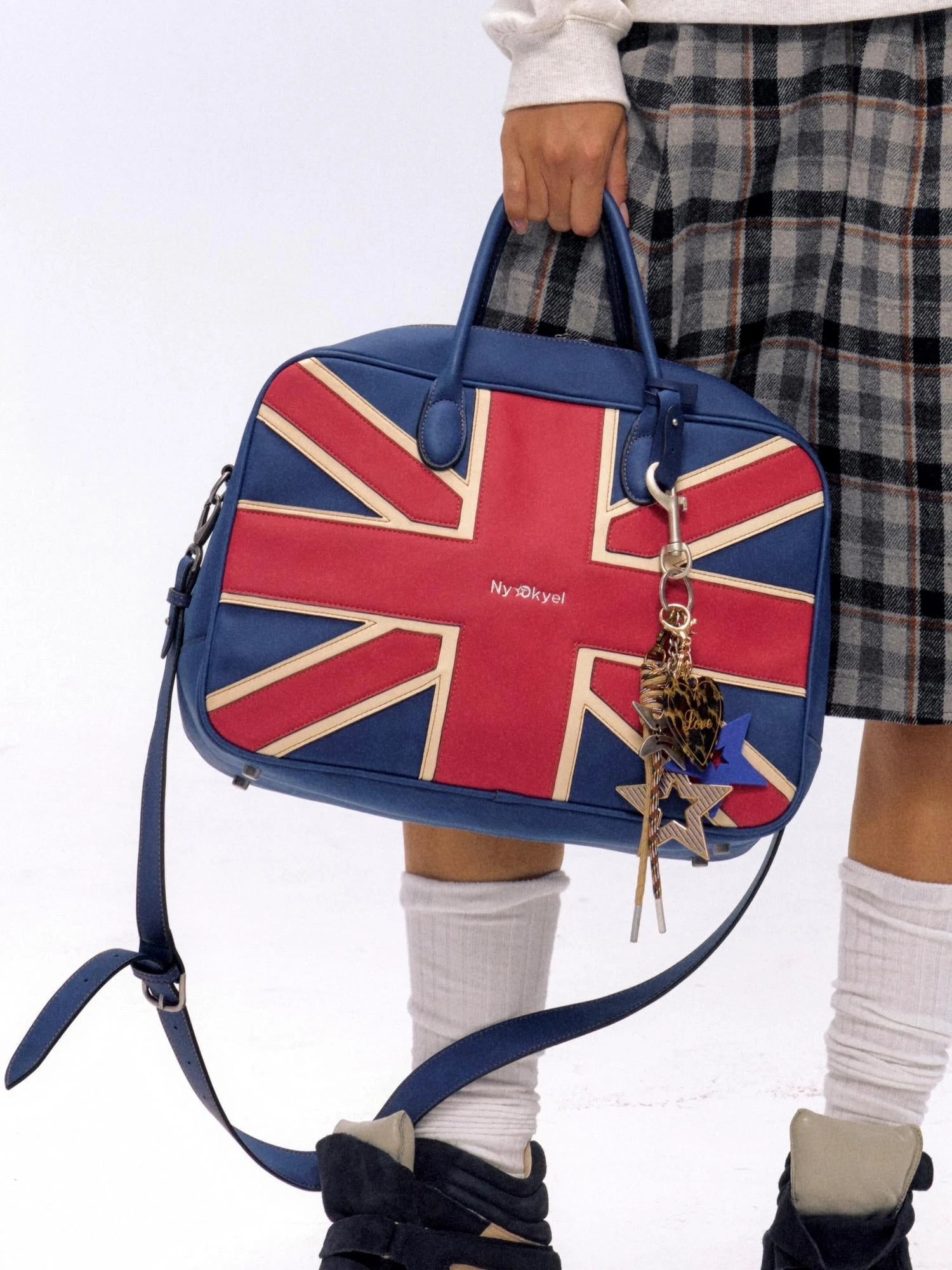 British Flag Embroidered Vintage Blue Pu Leather Boston Bag