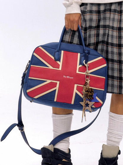 British Flag Embroidered Vintage Blue Pu Leather Boston Bag