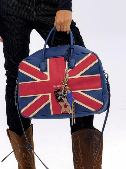 British Flag Embroidered Vintage Blue Pu Leather Boston Bag