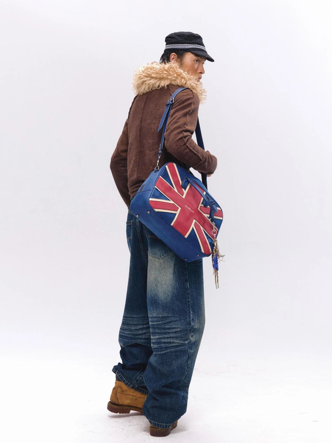 British Flag Embroidered Vintage Blue Pu Leather Boston Bag