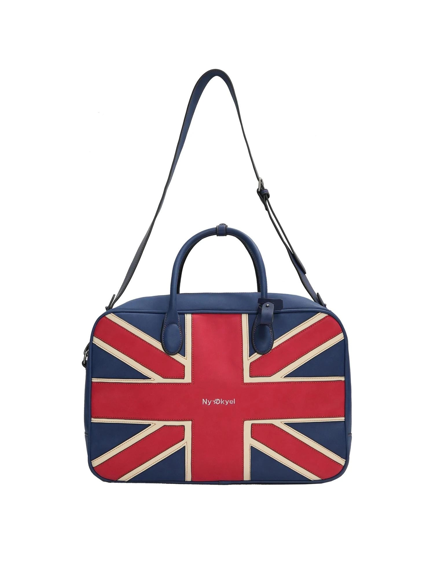 British Flag Embroidered Vintage Blue Pu Leather Boston Bag