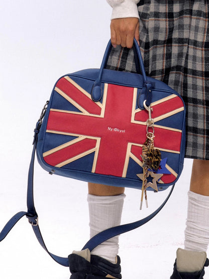 British Flag Embroidered Vintage Blue Pu Leather Boston Bag