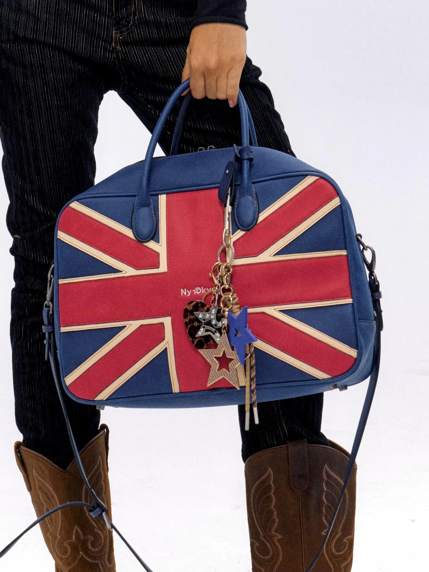 British Flag Embroidered Vintage Blue Pu Leather Boston Bag
