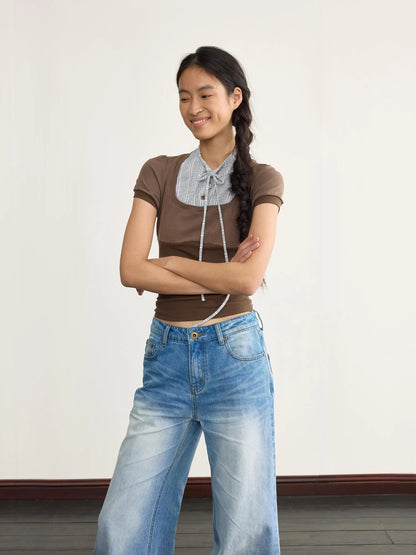 Brown Stripe Knit Spliced Layered T-Shirt