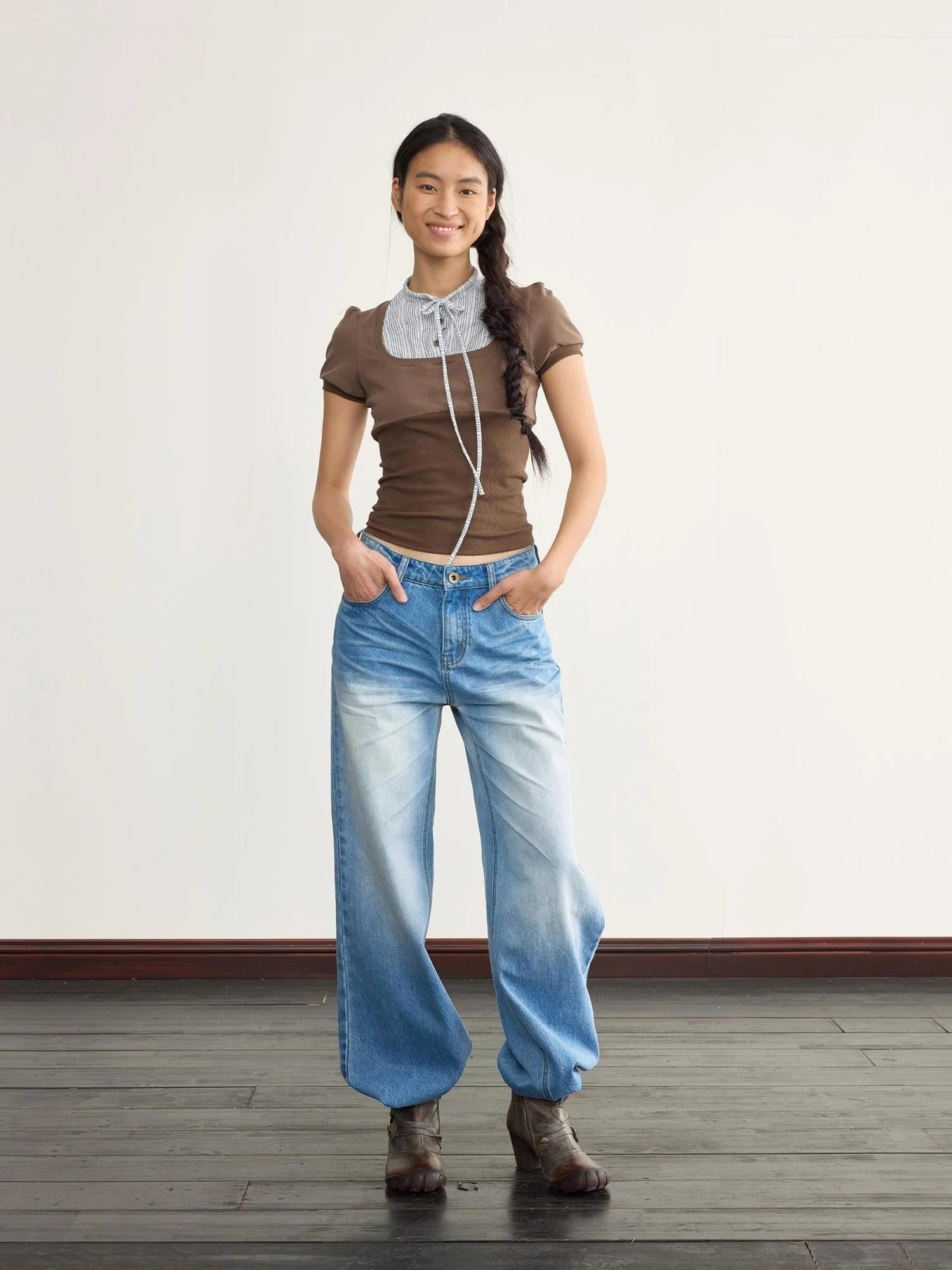 Brown Stripe Knit Spliced Layered T-Shirt