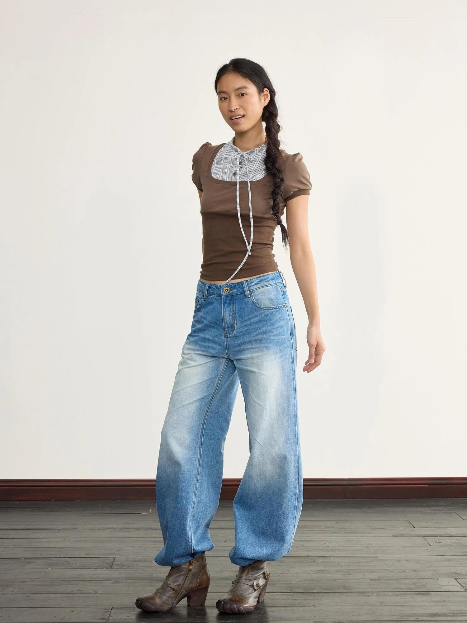 Brown Stripe Knit Spliced Layered T-Shirt