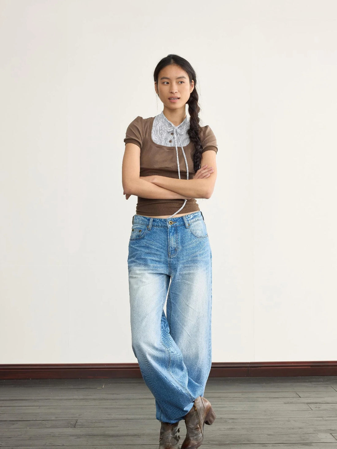 Brown Stripe Knit Spliced Layered T-Shirt