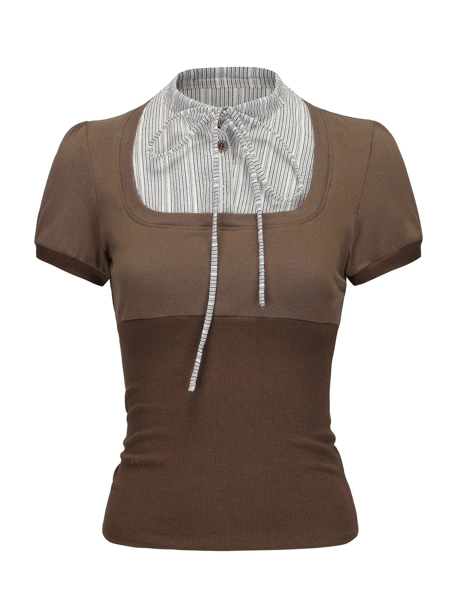 Brown Stripe Knit Spliced Layered T-Shirt