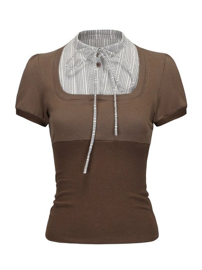 Brown Stripe Knit Spliced Layered T-Shirt